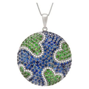 Sapphire, tsavorite and diamond pendant in 18k PVD white gold