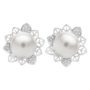 South sea 11mm pearl earrings in 18k white gold with diamond accents