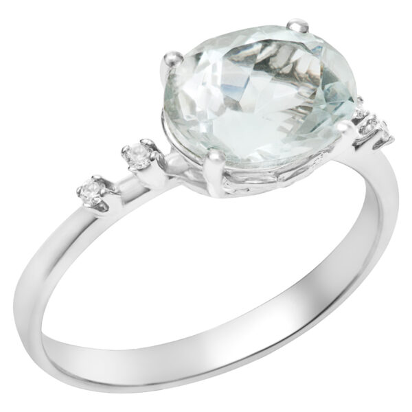 Aquamarine ring in 18k white gold with diamond accents. Size 7.75