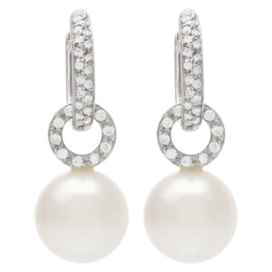 South Sea diamond pearl earrings in 18k white gold. 0.40cts in diamonds.