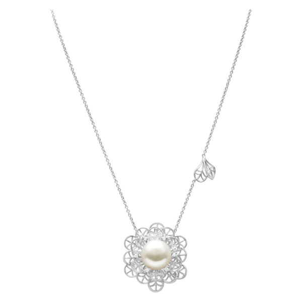 Big flower style 11.8mm South Sea Pearl necklace with diamond accents in 18k white gold