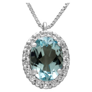 Cute oval Aquamarine pendant with 0.14 cts in diamond accents in 18k white gold