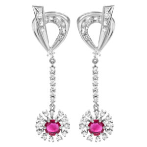 Vintage style drop ruby and diamond earrings in 18k white gold