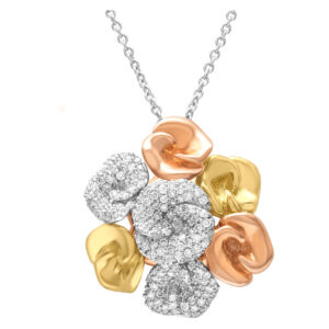 Roberto Coin tri-color flower pendant and necklace with diamonds in 18k gold.