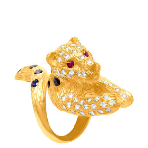 Spotted leopard ring in 18k yellow gold with diamonds, sapphires & rubies.