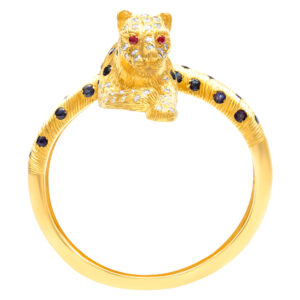 Spotted leopard bangle in 18k yellow gold with diamonds, sapphires & rubies.