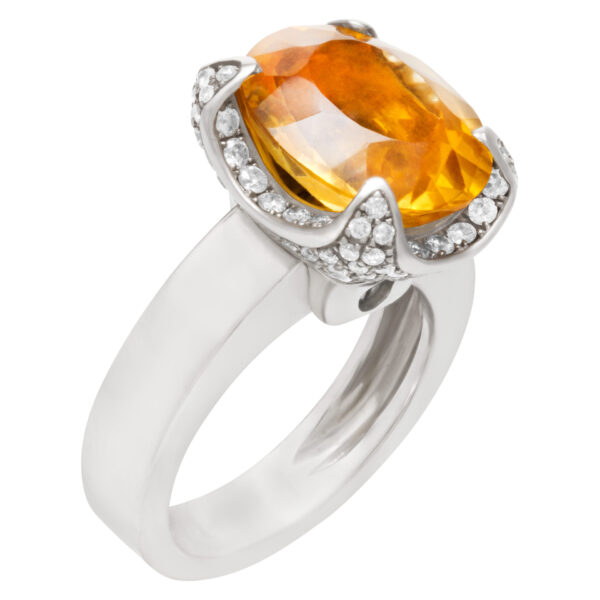 Orange topaz ring with diamond accents in 18k white gold. Size 5.5