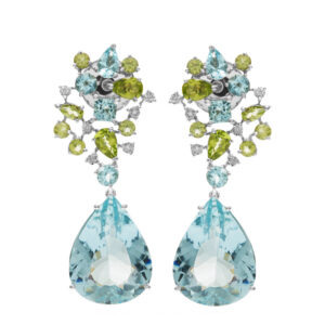 Blue topaz, peridot & diamond (0.12 cts) drop earrings in 18k white gold