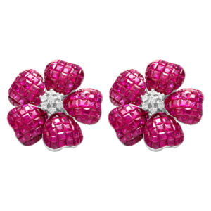 Deep pink sapphire flower earrings with diamond accents in 18k white gold