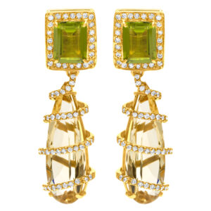 Spiral drop earrings with peridot, citrine and diamonds (2.0cts) in 18k gold