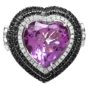 Lovely heart amethyst ring with white and black diamonds