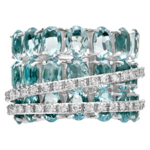 Blue Topaz ring with two rows diamond accents in 18k w/g