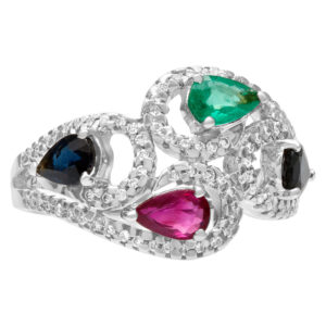 Lovely ruby, sapphire and emerald ring with diamond accents in 18k wg