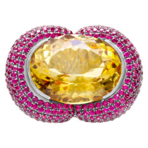 Citrine, rubies and black diamonds ring set in 18k white gold ring. 27.40cts citrine