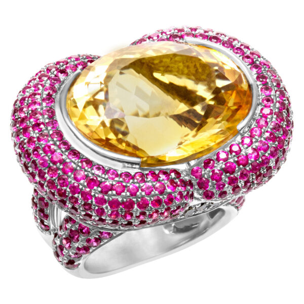 Citrine, rubies and black diamonds ring set in 18k white gold ring. 27.40cts citrine