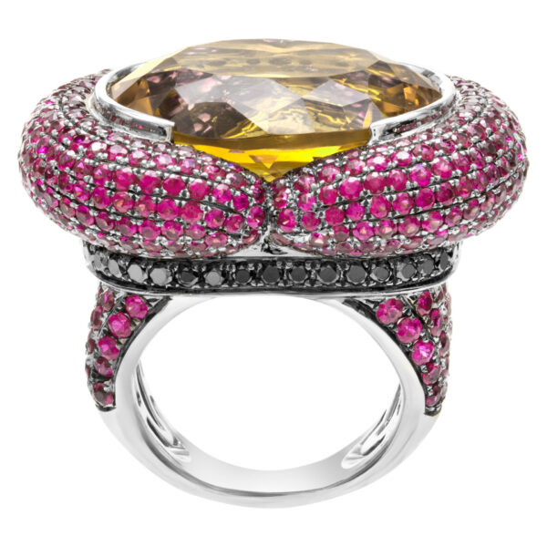 Citrine, rubies and black diamonds ring set in 18k white gold ring. 27.40cts citrine