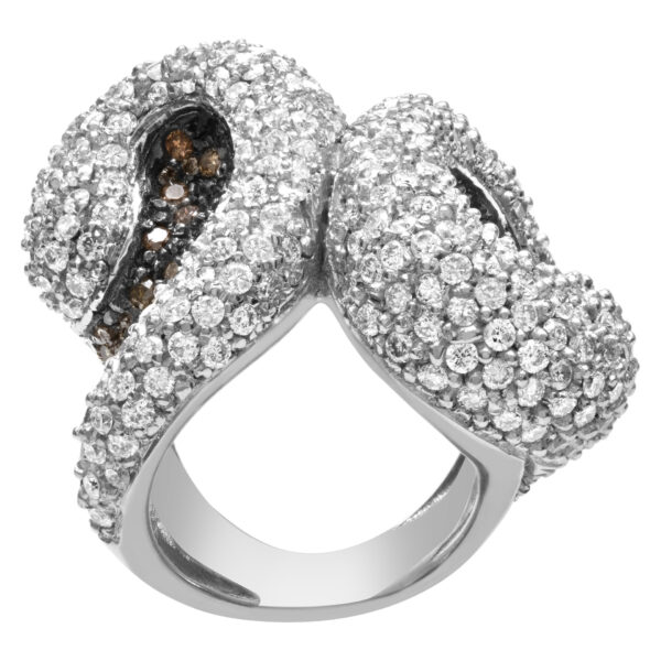 White and brown diamonds ring set in 18k white gold. 4.18 carats. Size 5.5