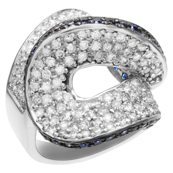 Diamond ring with blue sapphire accent in 18k white gold. (1.84cts in diamonds) Size 5.5