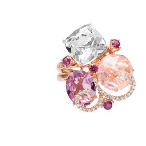 Ring with white quartz, rose quartz, iolite and tourmaline with swirls of diamonds