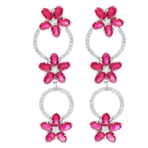 Diamond circles of love with ruby flowers earrings in 18k white gold