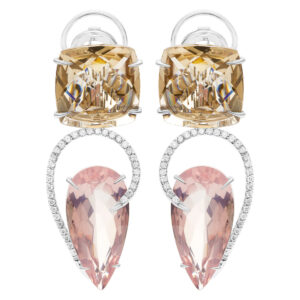 Brumani smoky and rose quartz drop earrings in 18k white gold with diamond accents