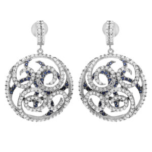 Diamond swril earrings with blue sapphire accents in 18k white gold. 4.90cts in diamonds