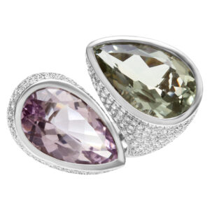 Bold Amethyst and diamond ring. 4.70cts in pave diamonds set in 18k White gold.