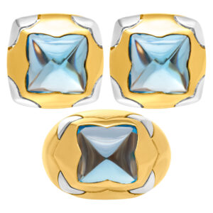 Blue topaz set of earrings and ring in 18k yellow gold