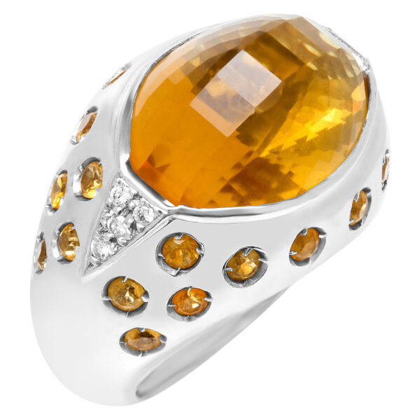 Golden citrine with orange sapphire drops ring in 18k white gold.