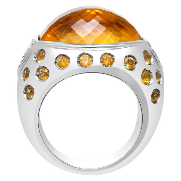 Golden citrine with orange sapphire drops ring in 18k white gold.