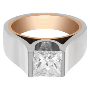 GIA certified rectangular modified brilliant diamond ring. 1.49 carat (H, VS2) set in 18k white and yel