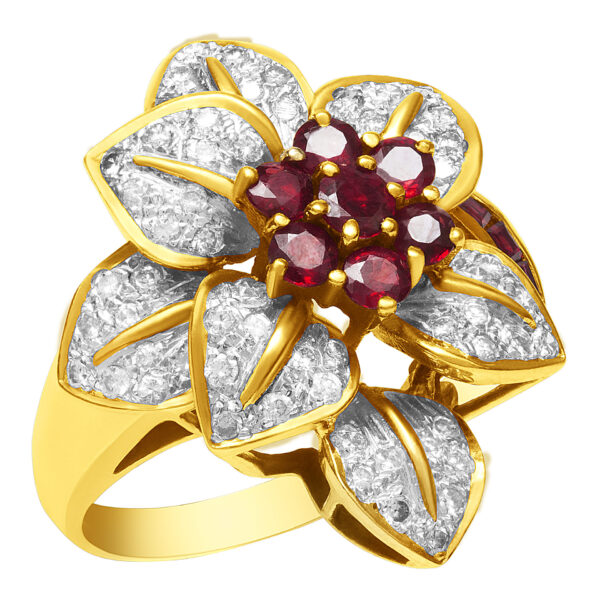 Ruby and diamond flower pendant and ring set in 18k. 1.00 carats in diamonds