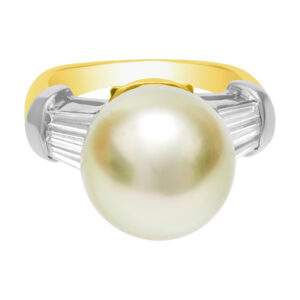 Golden South Sea pearl ring with diamond accents. 3.5mm pearl. Size 7