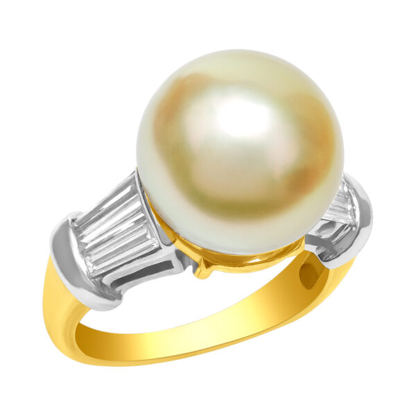 Golden South Sea pearl ring with diamond accents. 3.5mm pearl. Size 7