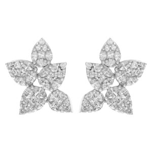 Invisible set princess & round cut diamonds flower earrings in 18k gold