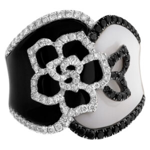 White and black enamel with pave diamond accents in 18k white gold. Under 1 ct.