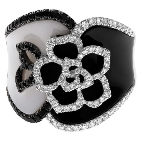 White and black enamel with pave diamond accents in 18k white gold. Under 1 ct.