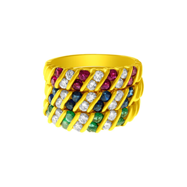 Set of 3 rings in 14k yellow gold with diamonds sapphires, rubies, emeralds