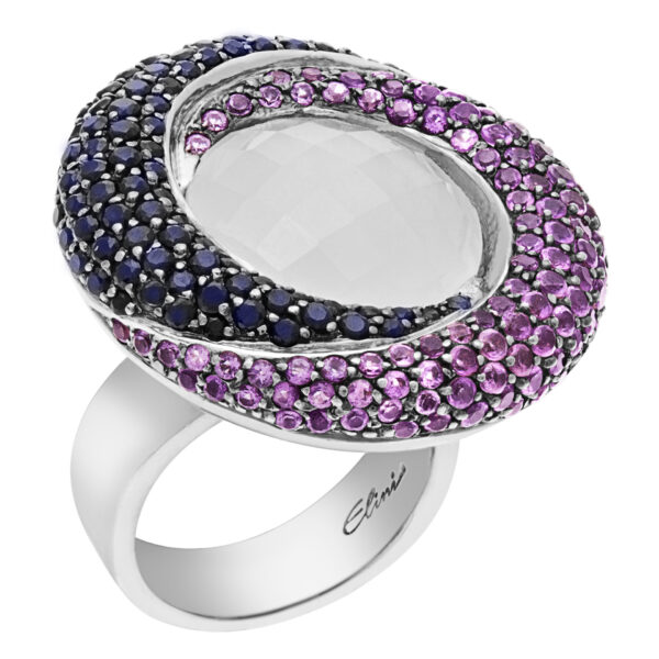 Moonstone with blue sapphires and purple amethyst ring in 18k white gold