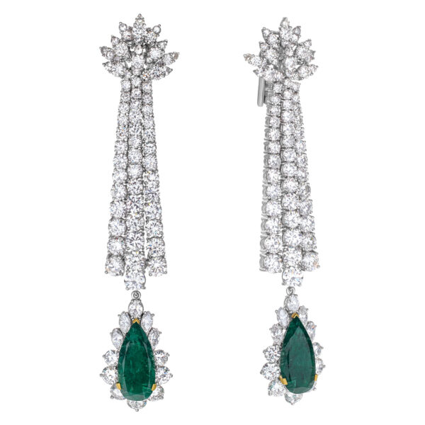 Drop diamond earrings with pear shaped emerald in platinum. 20 carats in diamonds, 9 carats in emeralds