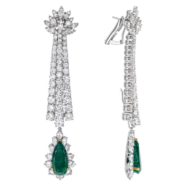 Drop diamond earrings with pear shaped emerald in platinum. 20 carats in diamonds, 9 carats in emeralds