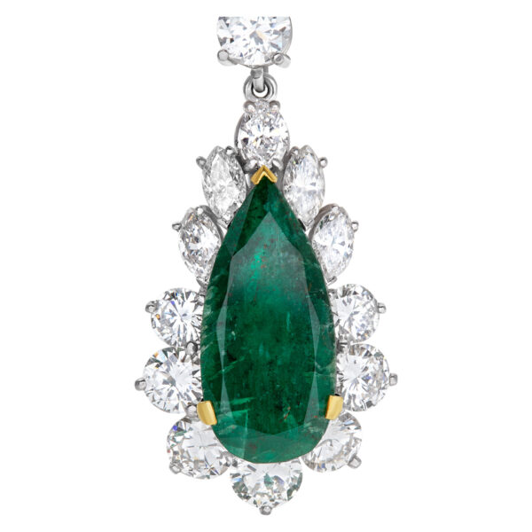 Drop diamond earrings with pear shaped emerald in platinum. 20 carats in diamonds, 9 carats in emeralds