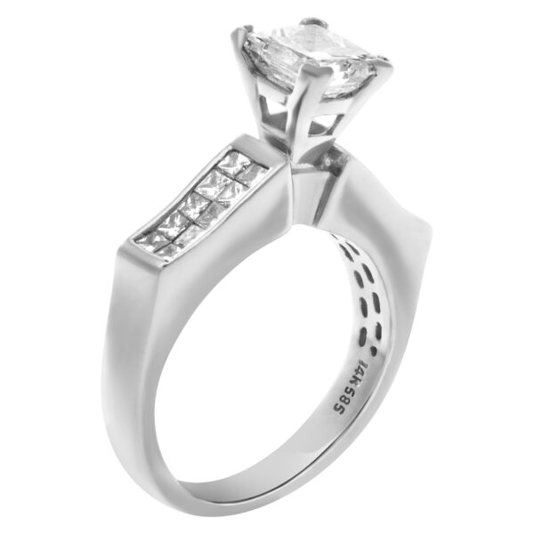 GIA certified diamond engagement ring with 1.01cts rectangular diamond (F color, SI2 clarity) set in 14k white gold