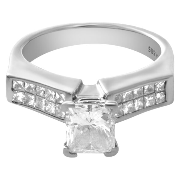 GIA certified diamond engagement ring with 1.01cts rectangular diamond (F color, SI2 clarity) set in 14k white gold