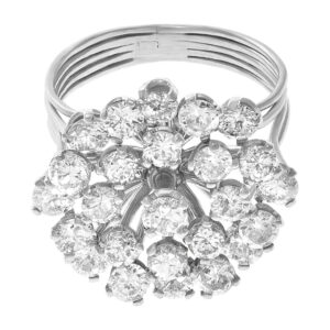 Flower diamond ring.  2.55 cts in round cut diamonds set in platinum. Size 5.5