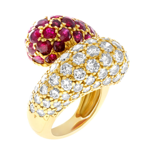 Bypass ruby & diamond ring in 18k yellow gold. 2.5cts in diamonds, 3.00cts rubies. Size 3