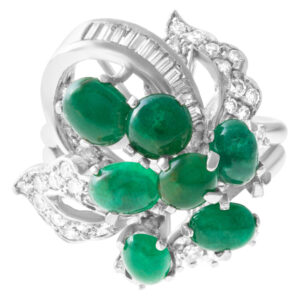 Vintage Ballerine ring w/ baguettes and round diamonds and cabochon emerald in 18K white gold