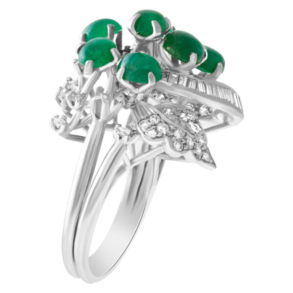 Vintage Ballerine ring w/ baguettes and round diamonds and cabochon emerald in 18K white gold