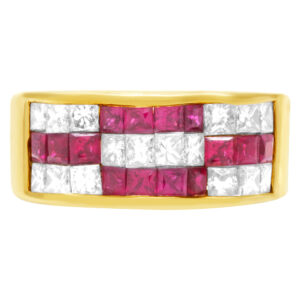 Channel set diamond and ruby ring in 18k yellow gold. 1.12 carats in diamonds