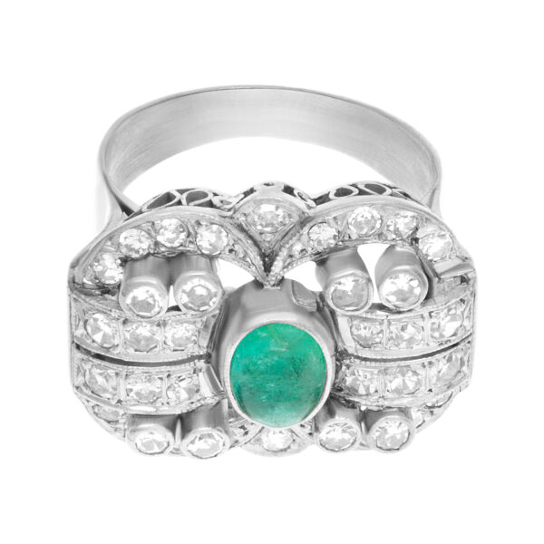 Vintage emerald and diamond ring in platinum